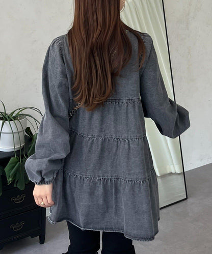 V領牛仔拼接層疊女襯衫
