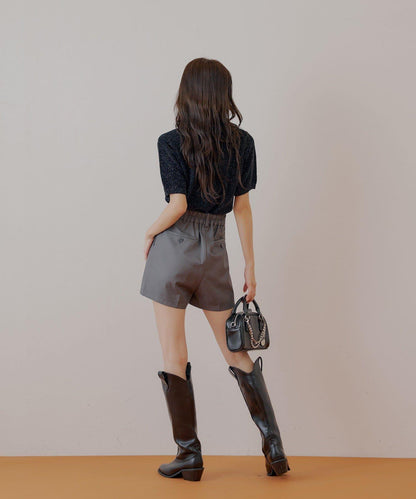 【Chico】亮絲天鵝絨高領短袖針織衫