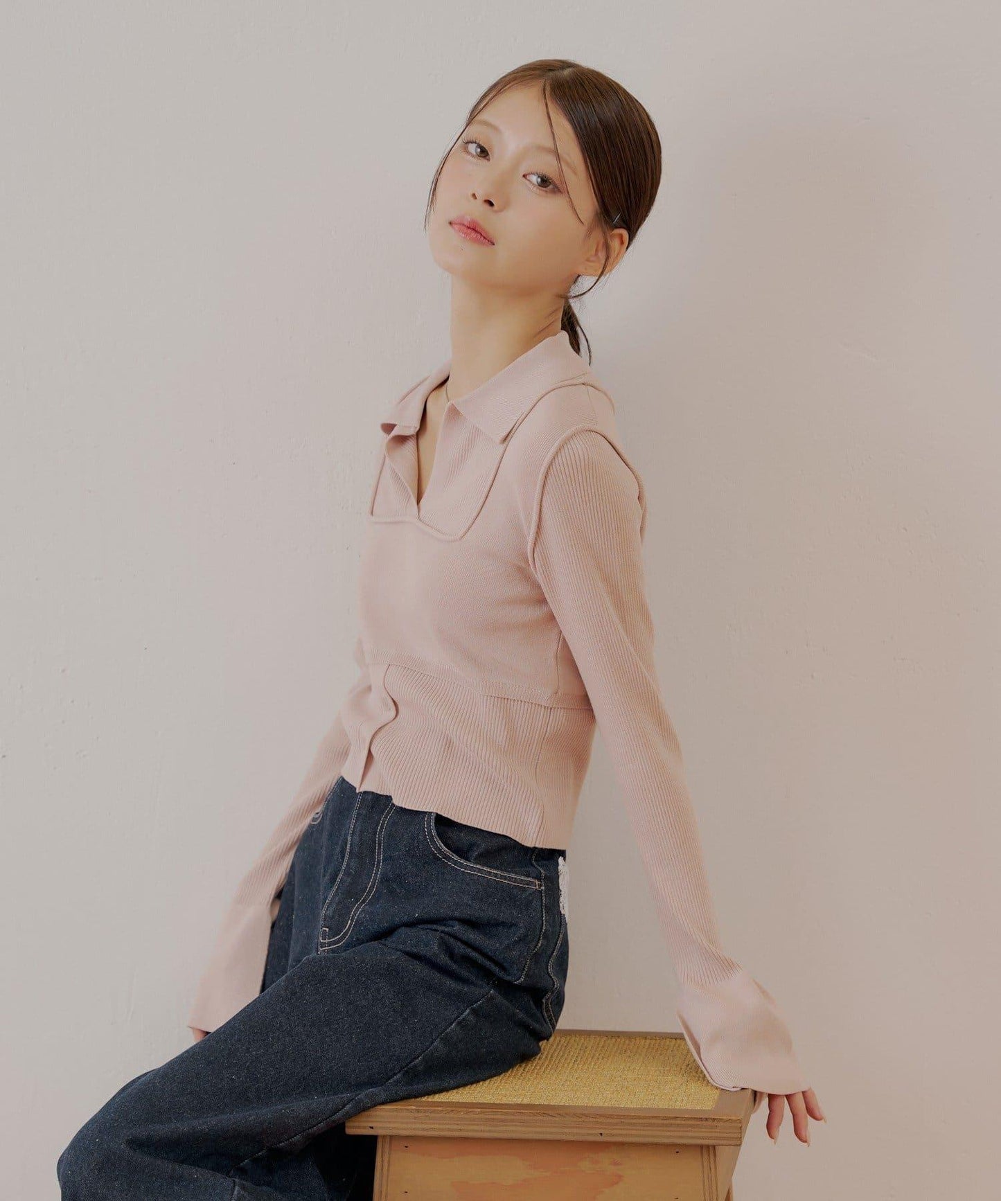 層疊無領開襟喇叭袖針織衫