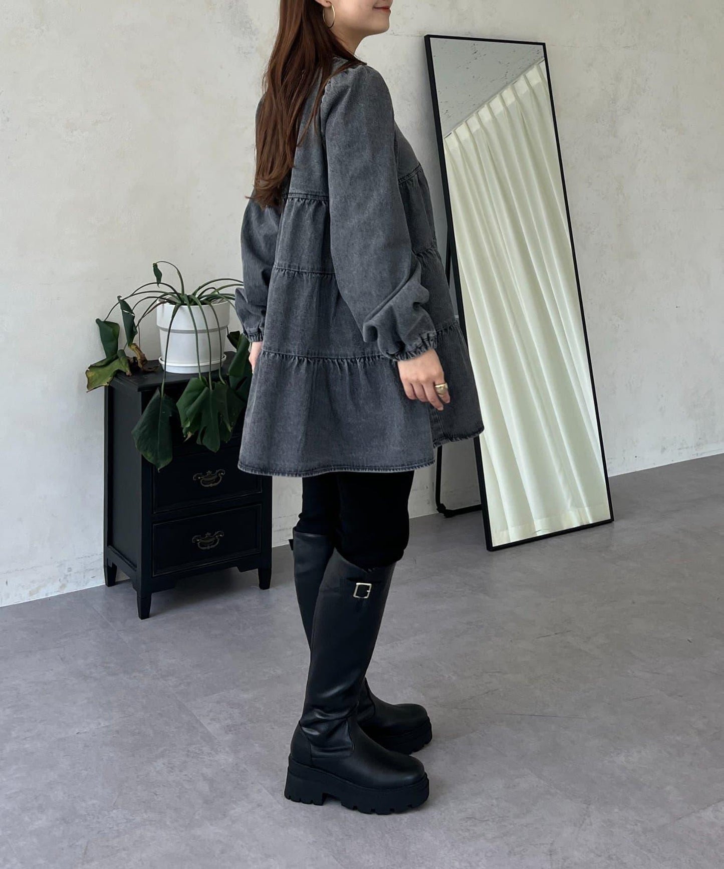 V領牛仔拼接層疊女襯衫