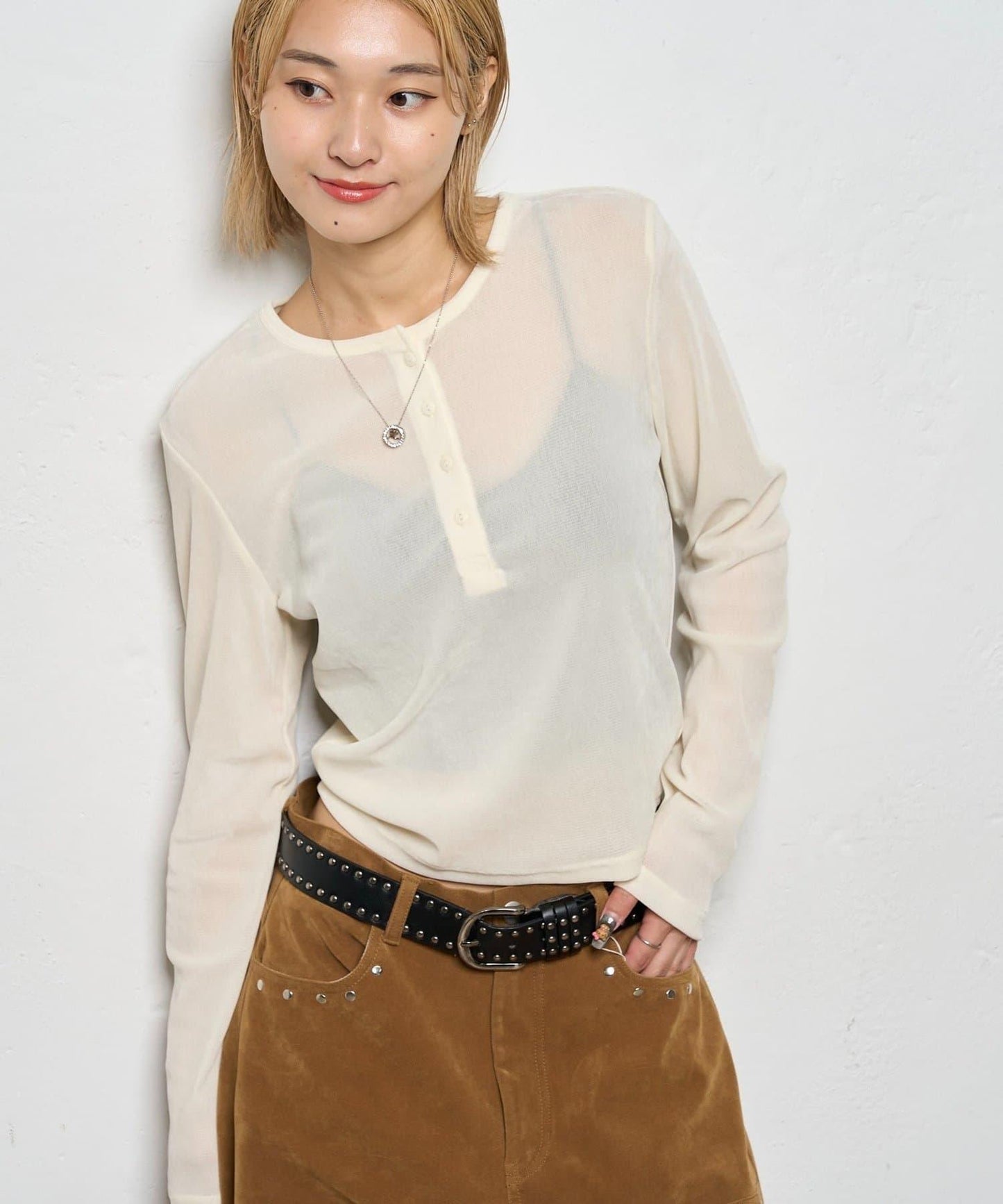 植絨網紗亨利領上衣