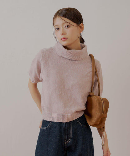 【Chico】亮絲天鵝絨高領短袖針織衫