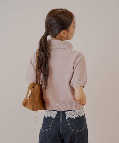 【Chico】亮絲天鵝絨高領短袖針織衫