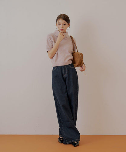 【Chico】亮絲天鵝絨高領短袖針織衫