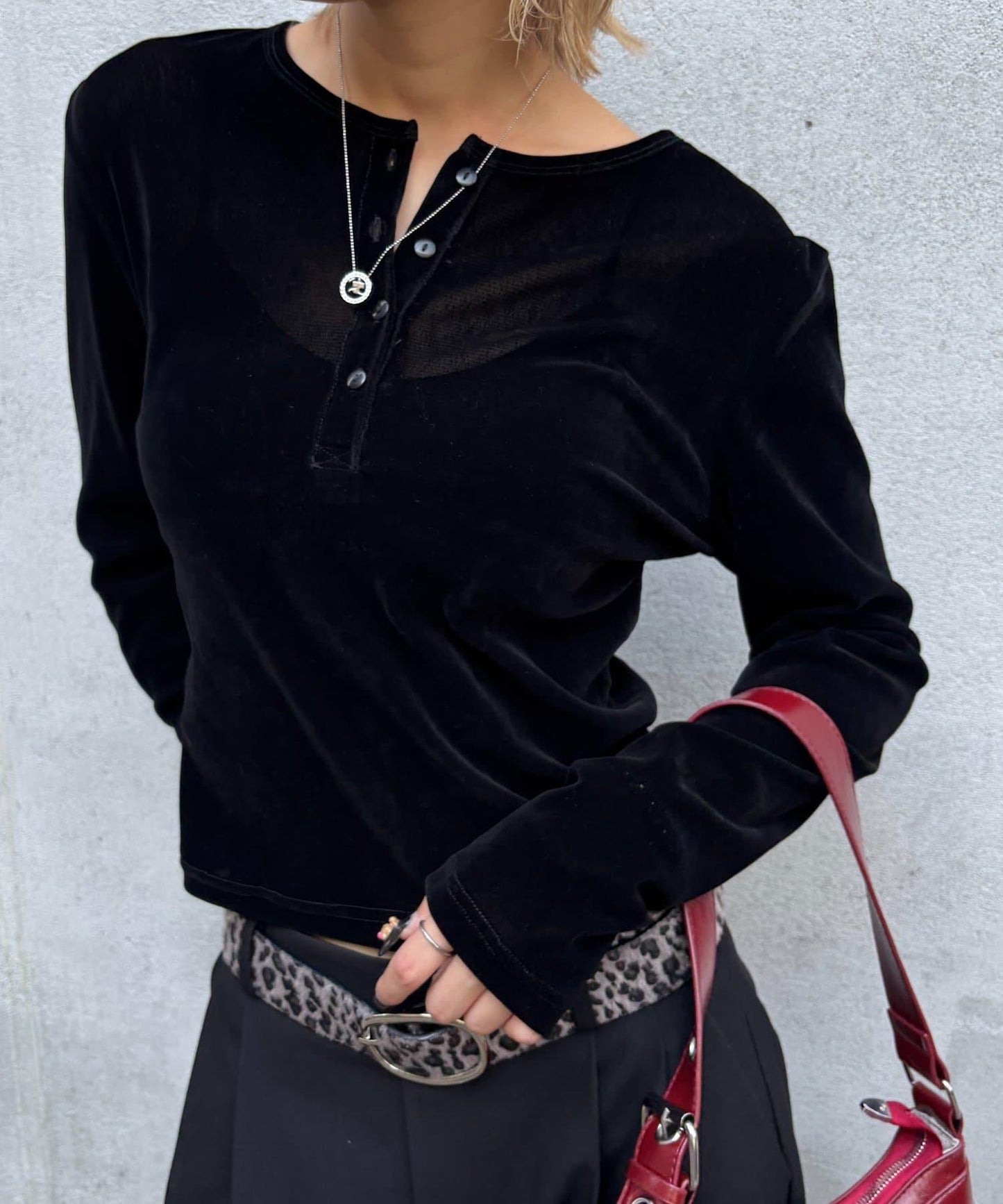 植絨網紗亨利領上衣