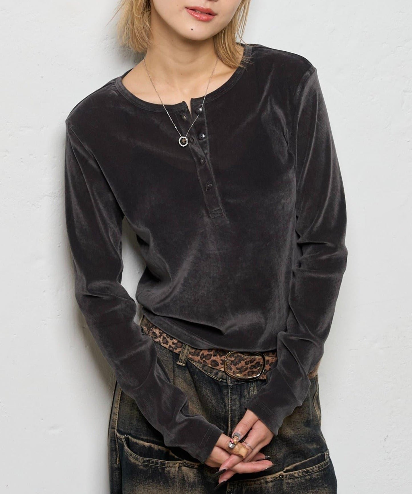 植絨網紗亨利領上衣