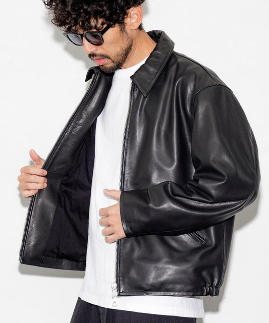 小牛皮極簡單排拉鍊騎士夾克