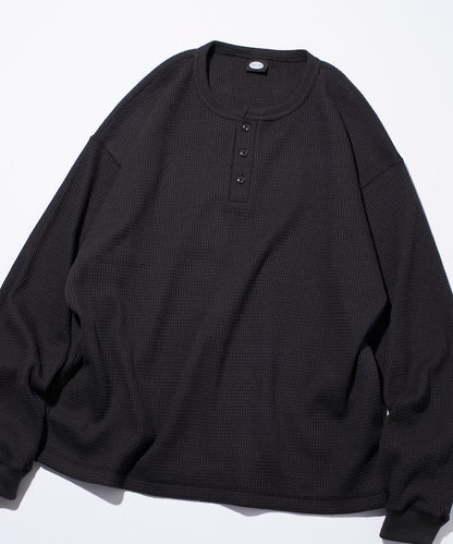 寬鬆版型長袖華夫格保暖亨利領長袖T恤