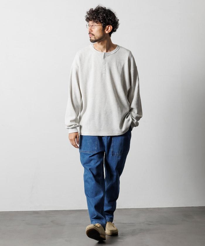 寬鬆版型長袖華夫格保暖亨利領長袖T恤