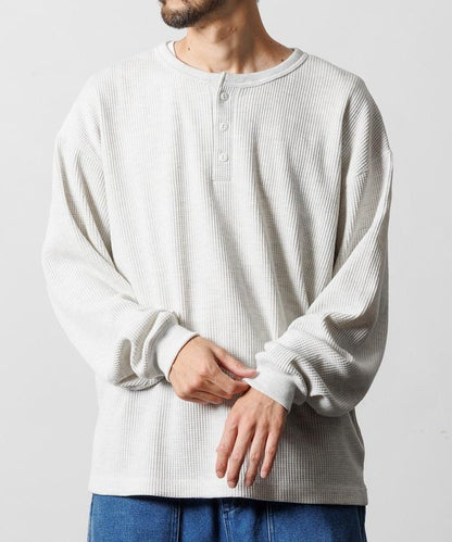 寬鬆版型長袖華夫格保暖亨利領長袖T恤