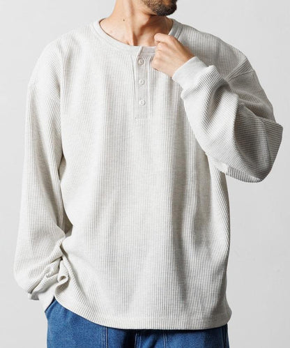 寬鬆版型長袖華夫格保暖亨利領長袖T恤