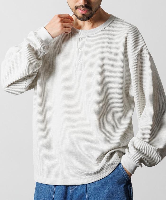 寬鬆版型長袖華夫格保暖亨利領長袖T恤