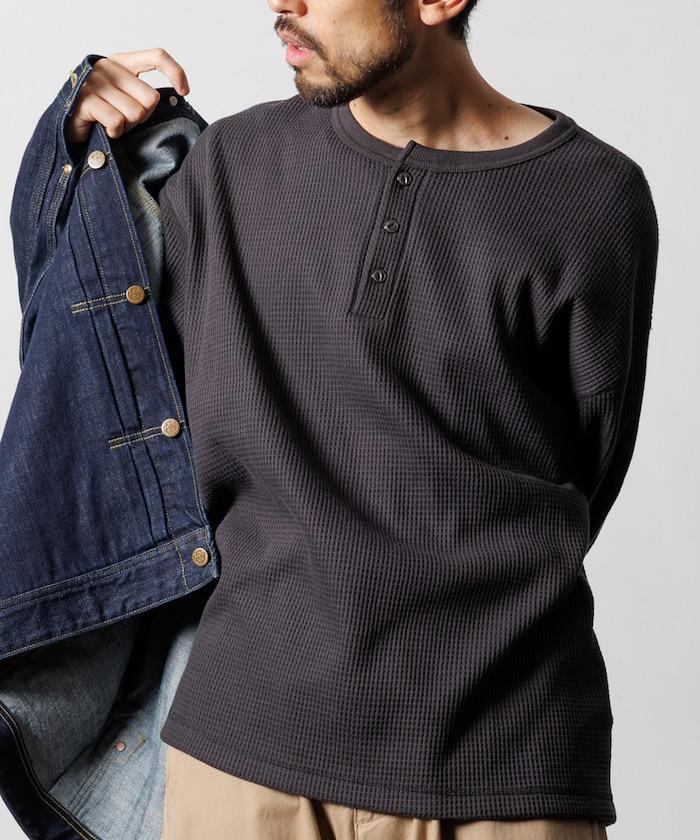 寬鬆版型長袖華夫格保暖亨利領長袖T恤