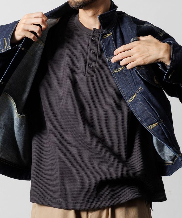 寬鬆版型長袖華夫格保暖亨利領長袖T恤