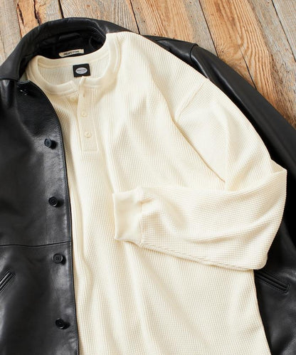 寬鬆版型長袖華夫格保暖亨利領長袖T恤