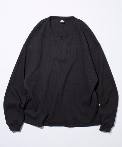 寬鬆版型長袖華夫格保暖亨利領長袖T恤