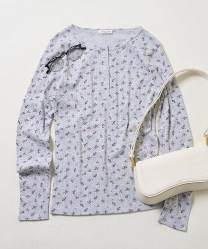 花卉圖案針織亨利領長袖上衣