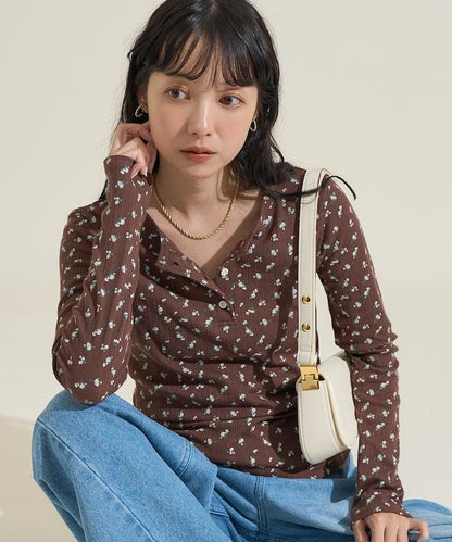 花卉圖案針織亨利領長袖上衣