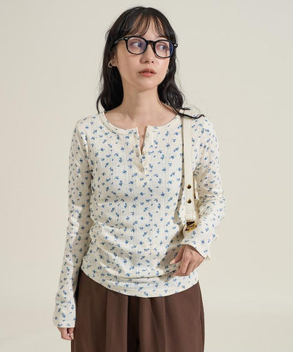 花卉圖案針織亨利領長袖上衣