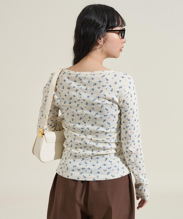 花卉圖案針織亨利領長袖上衣