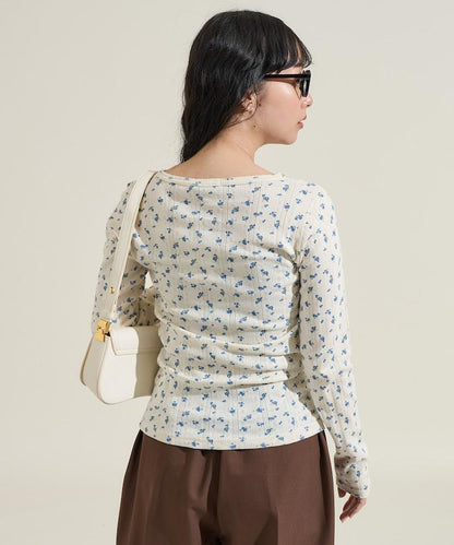 花卉圖案針織亨利領長袖上衣