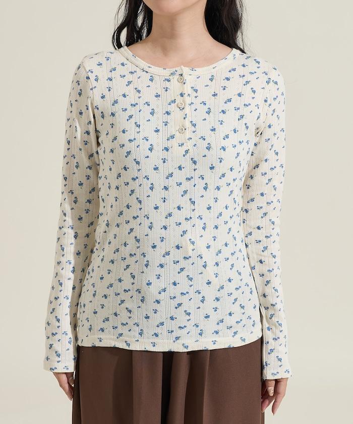 花卉圖案針織亨利領長袖上衣