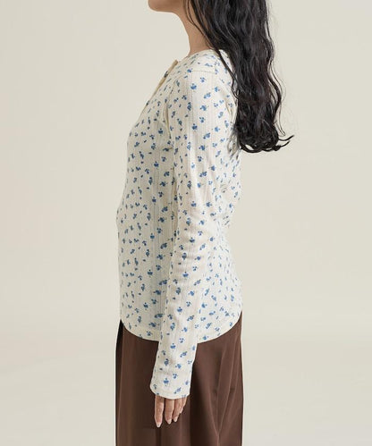 花卉圖案針織亨利領長袖上衣