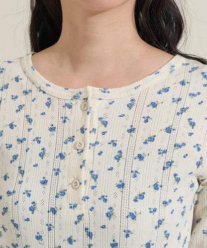 花卉圖案針織亨利領長袖上衣