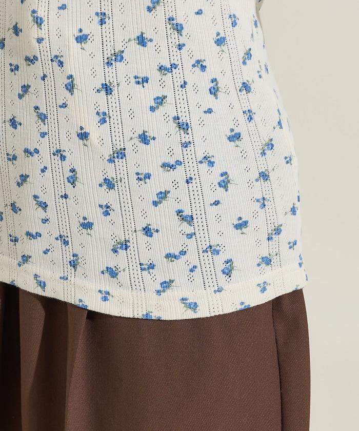 花卉圖案針織亨利領長袖上衣