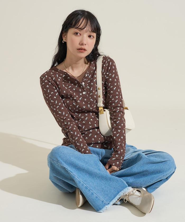 花卉圖案針織亨利領長袖上衣