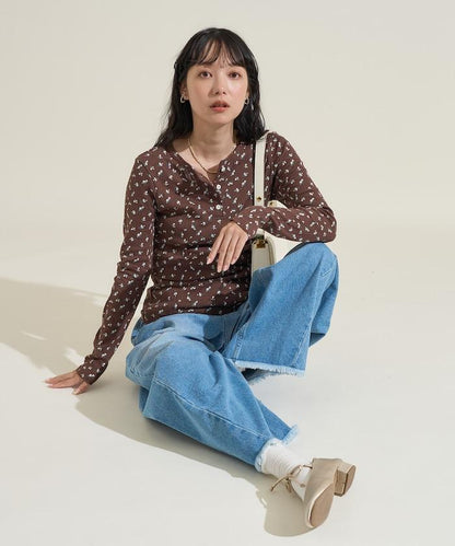 花卉圖案針織亨利領長袖上衣