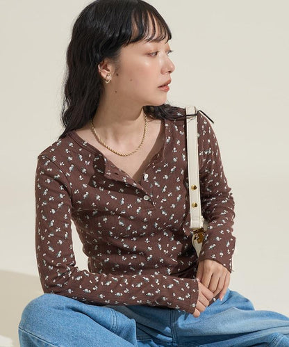 花卉圖案針織亨利領長袖上衣