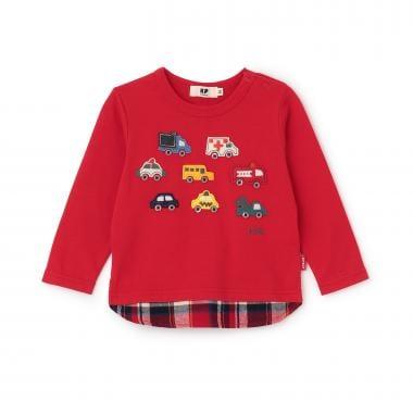 汽車貼布繡×下襬格紋長袖T恤