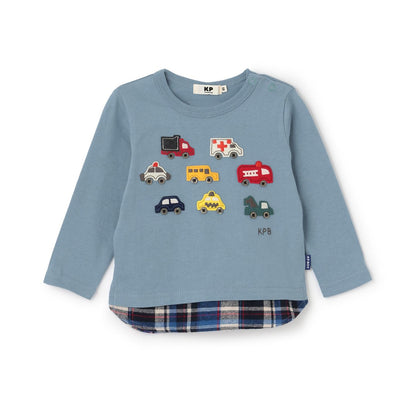 汽車貼布繡×下襬格紋長袖T恤