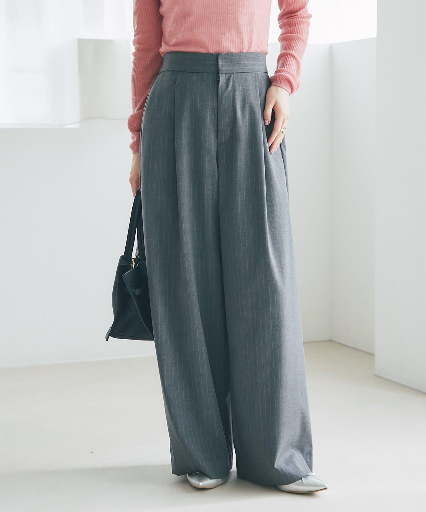 【可成套搭配・修飾美腿】條紋寬腿褲