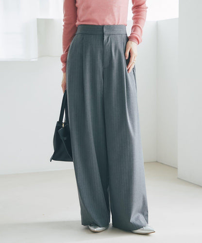 【可成套搭配・修飾美腿】條紋寬腿褲