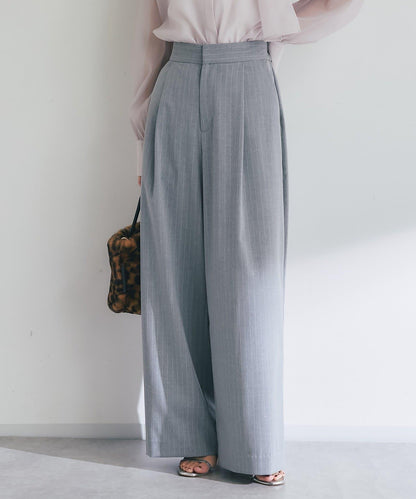 【可成套搭配・修飾美腿】條紋寬腿褲