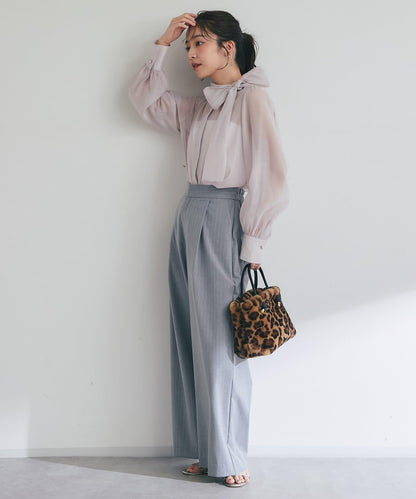 【可成套搭配・修飾美腿】條紋寬腿褲