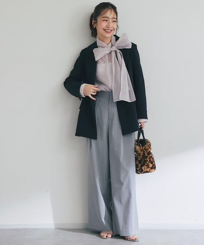 【可成套搭配・修飾美腿】條紋寬腿褲