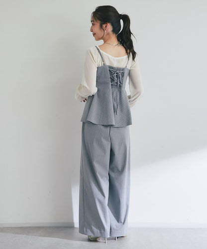 【可成套搭配・修飾美腿】條紋寬腿褲