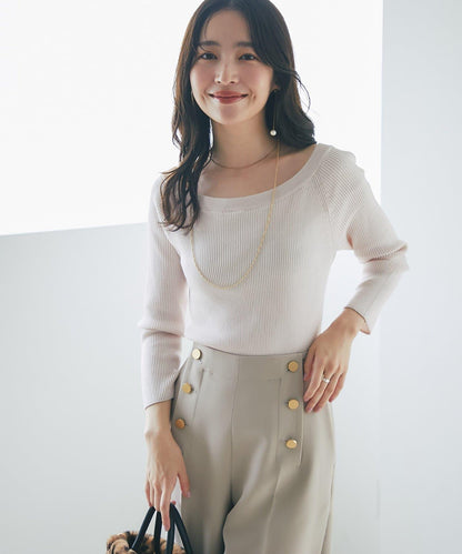 【百搭顯瘦】亮片羅紋一字肩八分袖針織衫