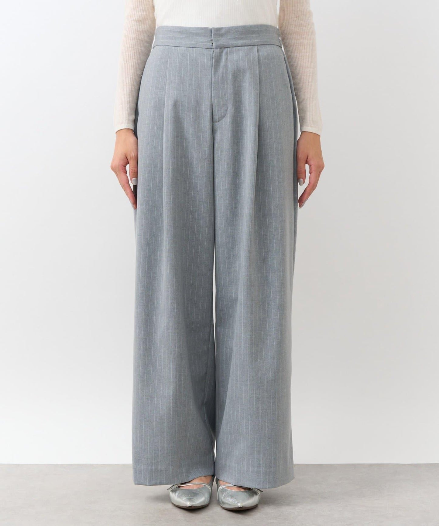 【可成套搭配・修飾美腿】條紋寬腿褲