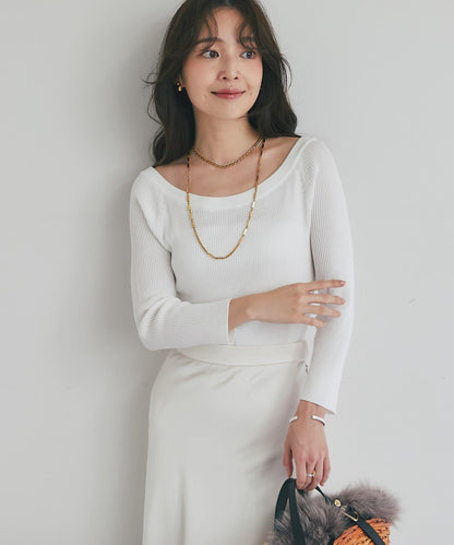 【百搭顯瘦】亮片羅紋一字肩八分袖針織衫