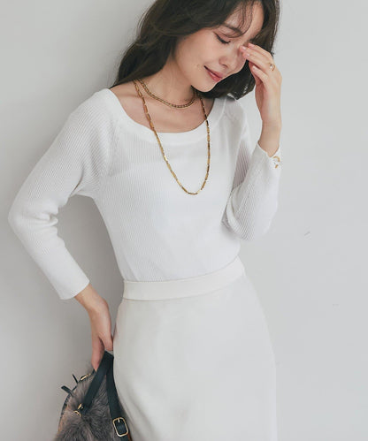 【百搭顯瘦】亮片羅紋一字肩八分袖針織衫