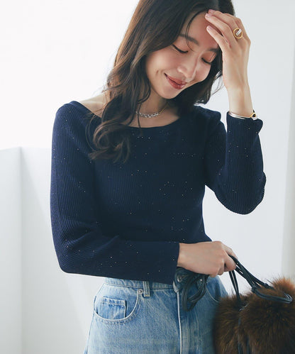 【百搭顯瘦】亮片羅紋一字肩八分袖針織衫