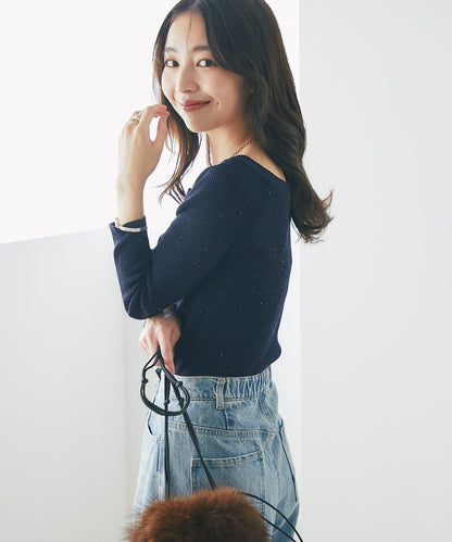 【百搭顯瘦】亮片羅紋一字肩八分袖針織衫