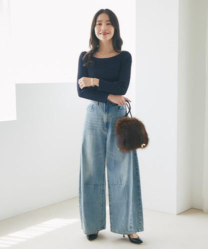 【百搭顯瘦】亮片羅紋一字肩八分袖針織衫