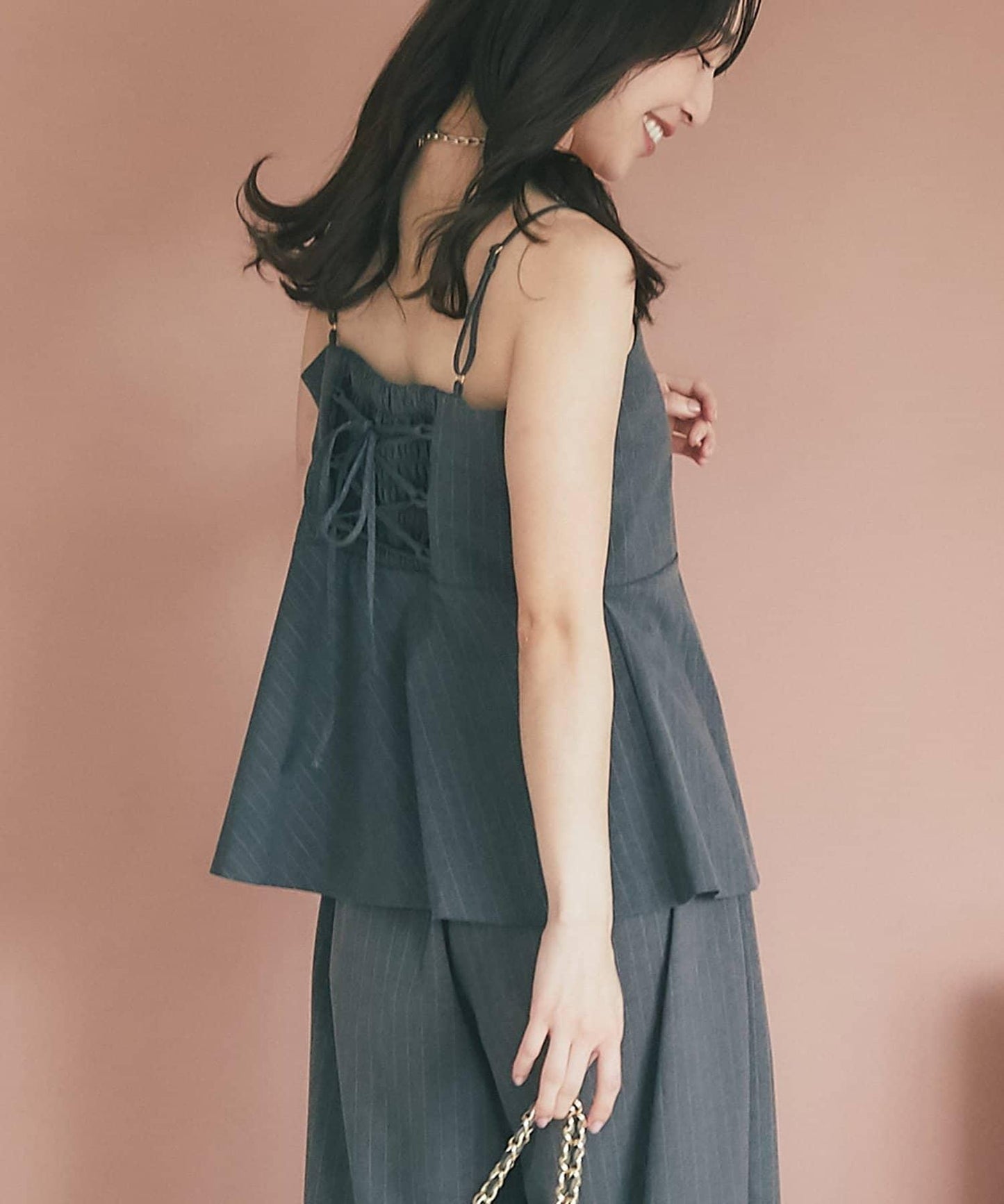 【可成套穿搭・顯瘦搭配】條紋後繫帶吊帶