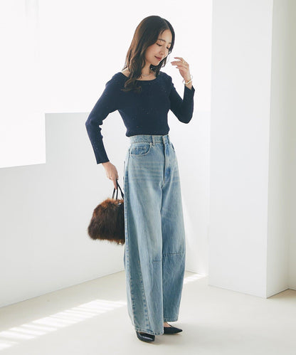 【百搭顯瘦】亮片羅紋一字肩八分袖針織衫