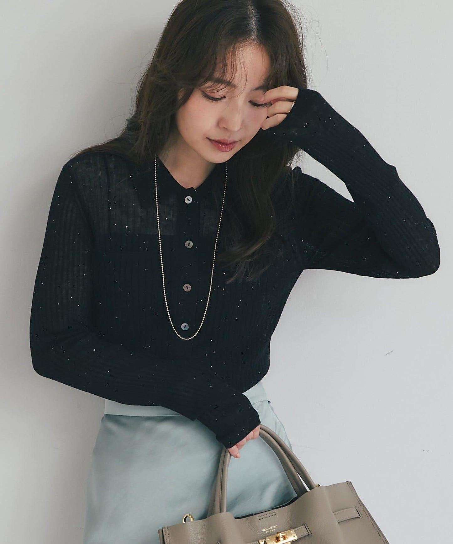 【成熟感透視針織衫】透視亮片翻領羅紋針織衫